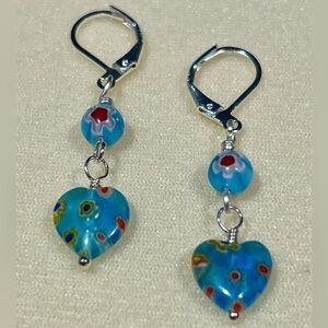 New Blue Multicolored Millefiori Heart Earrings With 925 Silver Lever Back Hooks